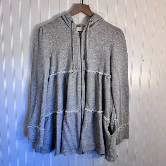 Free People Tiered Trapeze Zip-Up Hoodie Swearer Gray  Women’s Size Small - Picture 2 of 12